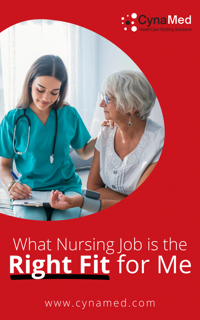 A nurse on the job with a patient, ebook cover for What Nursing Job is the Right Fit for me. 