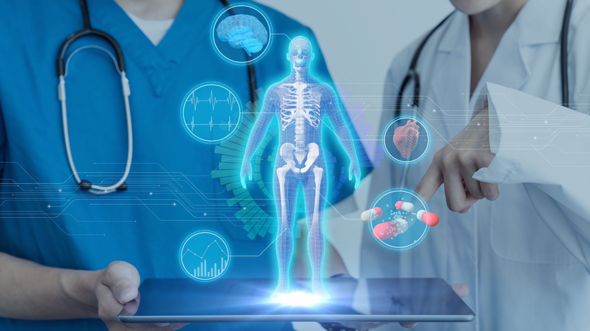 a nurse and doctor looking an advanced view of the human body on a smart tablet showing the future of the nursing and medical field